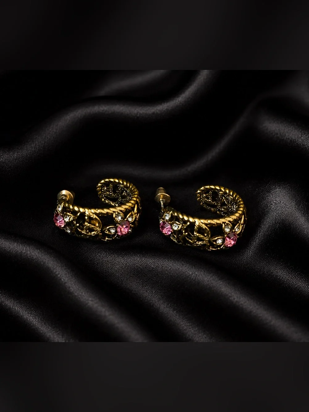 Gold GG Logo Hoop Earrings with Pink Crystal Flower Accents